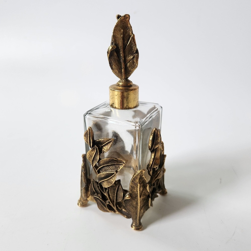 Vintage 50s Vanity Decor Footed Ornate Glass Perfume Bottle Gold Tone Botanical